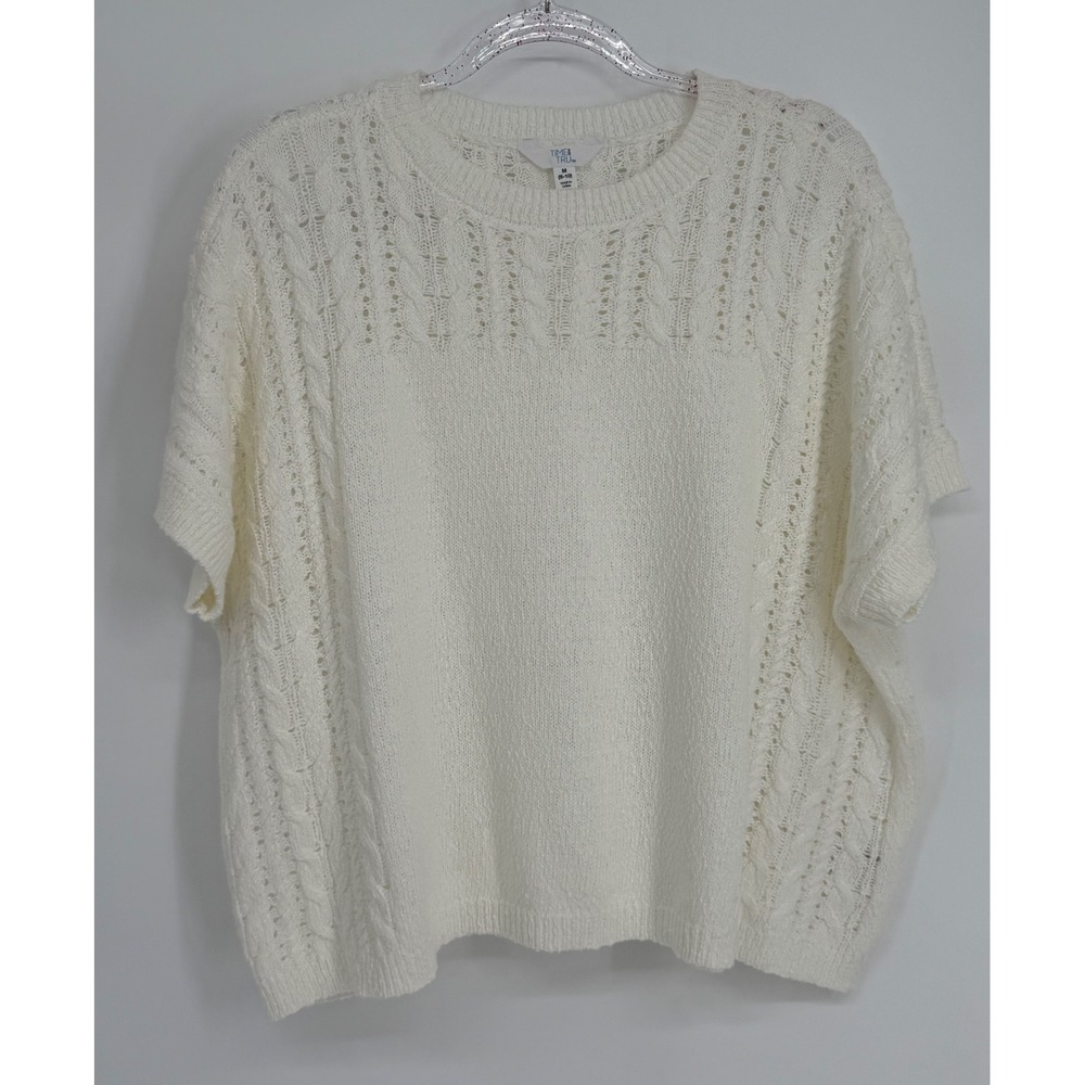 Time and‎ Tru Womens Cream Cable Knit Pointelle Short Sleeve Sweater Sz M 8-10